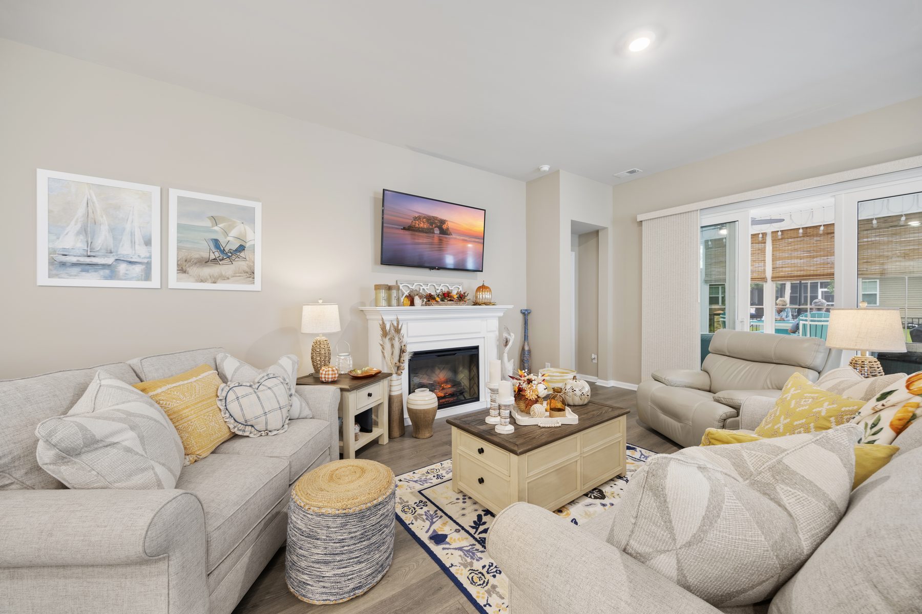 Living room with fireplace and coastal decor