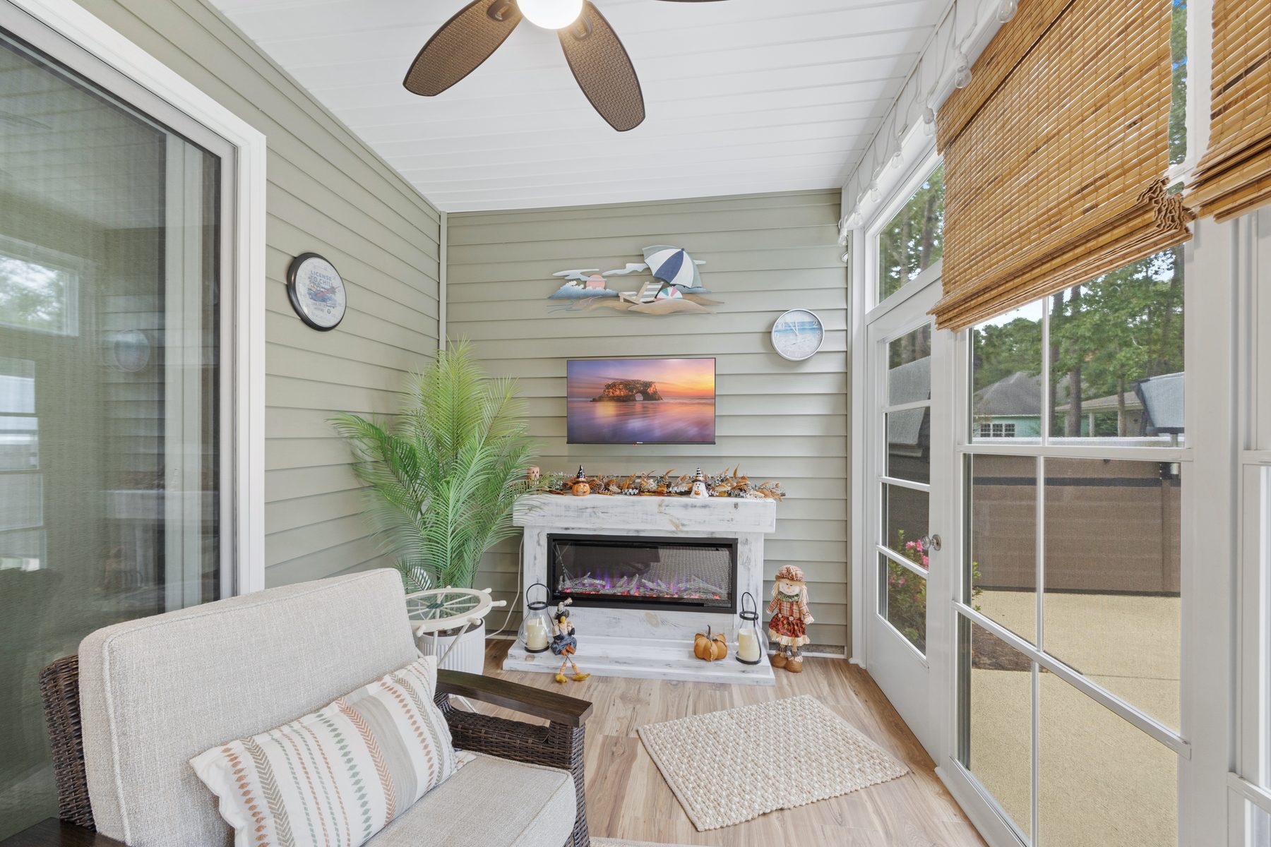 Sunroom with fireplace